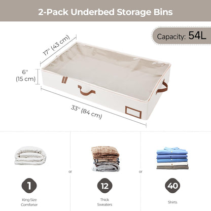 Underbed Storage Boxes with Lids – 2-Pack Large Rigid Containers for Clothes, Bedding & Bedroom Accessories, Ultra-Thick Ivory White Organisers