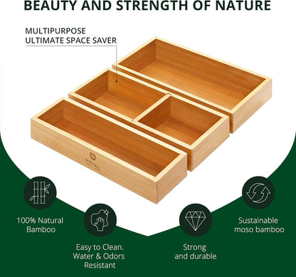 Luxury Bamboo Drawer Organizer Set – 3-Piece Multi-Use Storage Boxes for Kitchen, Bathroom, Office, Makeup & Jewellery
