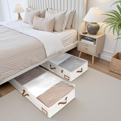 Underbed Storage Boxes with Lids – 2-Pack Large Rigid Containers for Clothes, Bedding & Bedroom Accessories, Ultra-Thick Ivory White Organisers