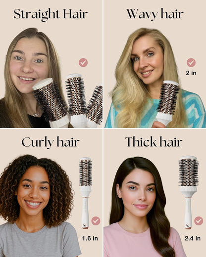 4-Piece Round Hair Brush Set – Professional Blow Dry Kit with 3 Thermal Round Brushes & Styling Comb for Volume, Curling & Smoothing, Beauty Gift Set for Women
