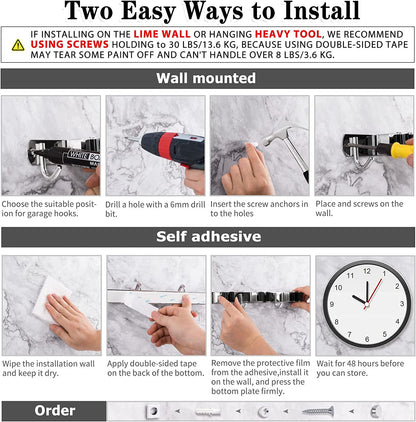 Wall-Mounted Broom & Mop Holder – Heavy Duty Stainless Steel Organizer with 5 Holders & 4 Hooks – Self-Adhesive or Nail Installation for Garage, Kitchen & Utility Room