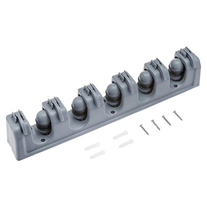Wall Mount Broom Holder & Garden Tool Organizer – 5 Slot 6 Hook Rack, Heavy-Duty Storage, 43×8.5×6.2cm, Gray