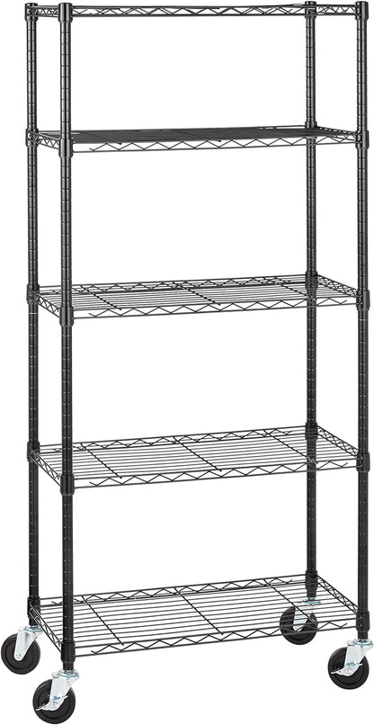 5-Shelf Medium Storage Unit – Heavy Duty Adjustable Shelving with 4" Casters & Levelling Feet, 680Kg Capacity, 76.2×35.6×164.5 cm, Black