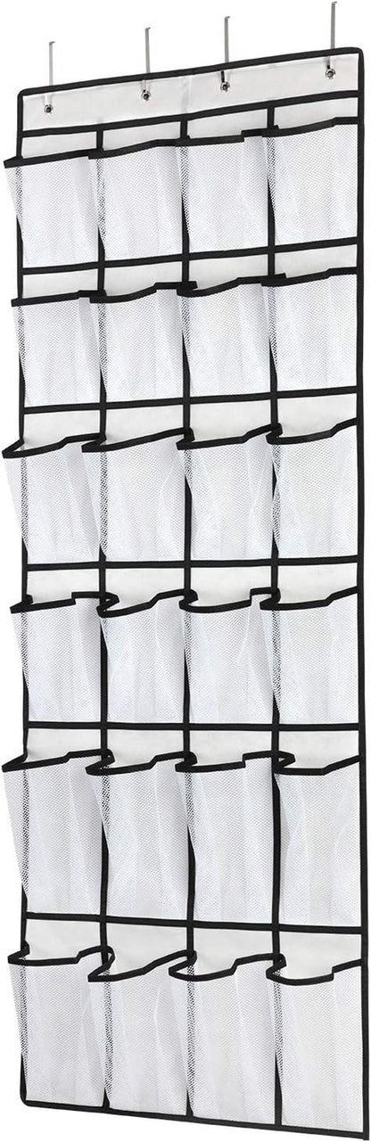 Over-the-Door Hanging Shoe Organizer – 24 Large Mesh Pockets Shoe Rack for Men, Women & Kids – Space-Saving Door Storage Bag (White)