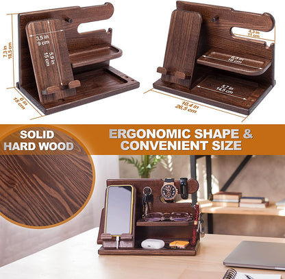 Wood Phone Docking Station Desk Organizer – Nightstand Key & Wallet Stand, Gift for Men, Dad, Boyfriend, Husband (Xmas, Birthday, Anniversary)