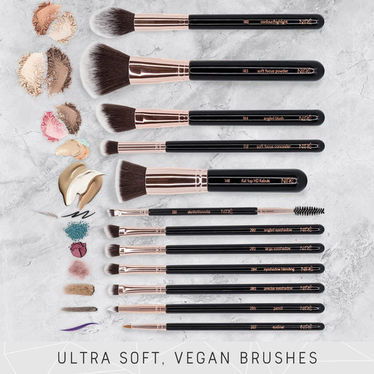 15-Piece Professional Vegan Makeup Brush Set – Award-Winning Beauty Kit with Travel Case, Blending Sponge, Brush Cleaner & Guide in Gift Box