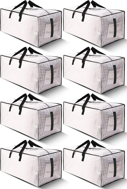 8-Pack Large Clear Moving Bags – Heavy Duty Water-Resistant Storage Totes with Zippers & Handles, Foldable Space-Saving Alternative to Boxes