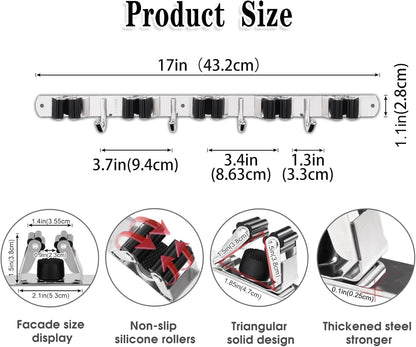 Wall-Mounted Broom & Mop Holder – Heavy Duty Stainless Steel Organizer with 5 Holders & 4 Hooks – Self-Adhesive or Nail Installation for Garage, Kitchen & Utility Room