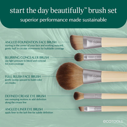 6-Piece Start the Day Beautifully Makeup Brush Set – Eco-Friendly Vegan Brushes for Eyeshadow, Blush, Concealer & Foundation with Synthetic Bristles