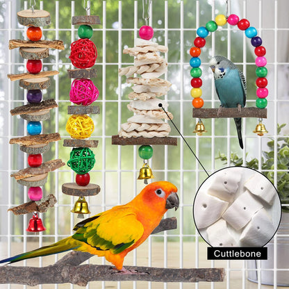 Bird Toys & Perch Set – 6-Pack Wooden Chew Toys & Stand for Parakeets, Cockatiels, Conures, Budgies, Lovebirds & Small to Medium Birds