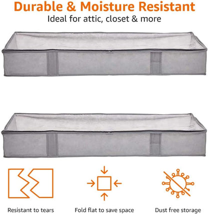 Underbed Storage Bags with Zipper & Clear Vinyl Top – 2-Pack Grey Organizers for Clothes, Bedding & Seasonal Items (45.7×106.7×15.2 cm)