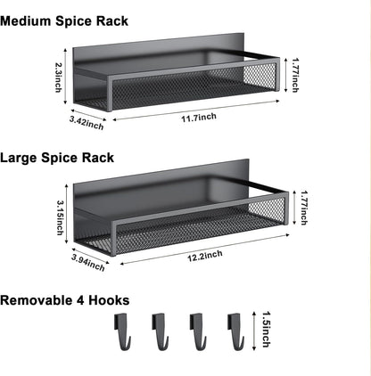 2-Pack Magnetic Spice Rack for Refrigerator – Fridge Organizer Shelves with 4 Moveable Hooks – Space-Saving Magnetic Kitchen Storage Shelf for Spices & Utensils