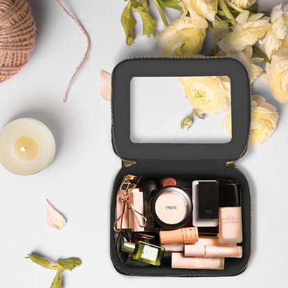 Clear Makeup Bag with Gift Box – Waterproof Black Travel Toiletry Organizer with Double Zippers for Cosmetics & Car Essentials